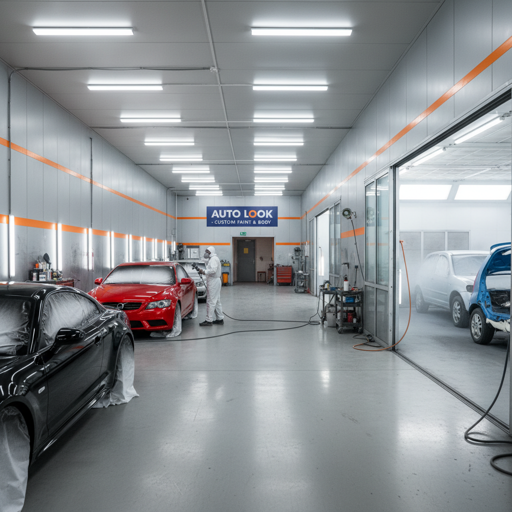 Car body panel being spray painted in a dark auto body shop, orange sparks, dramatic lighting