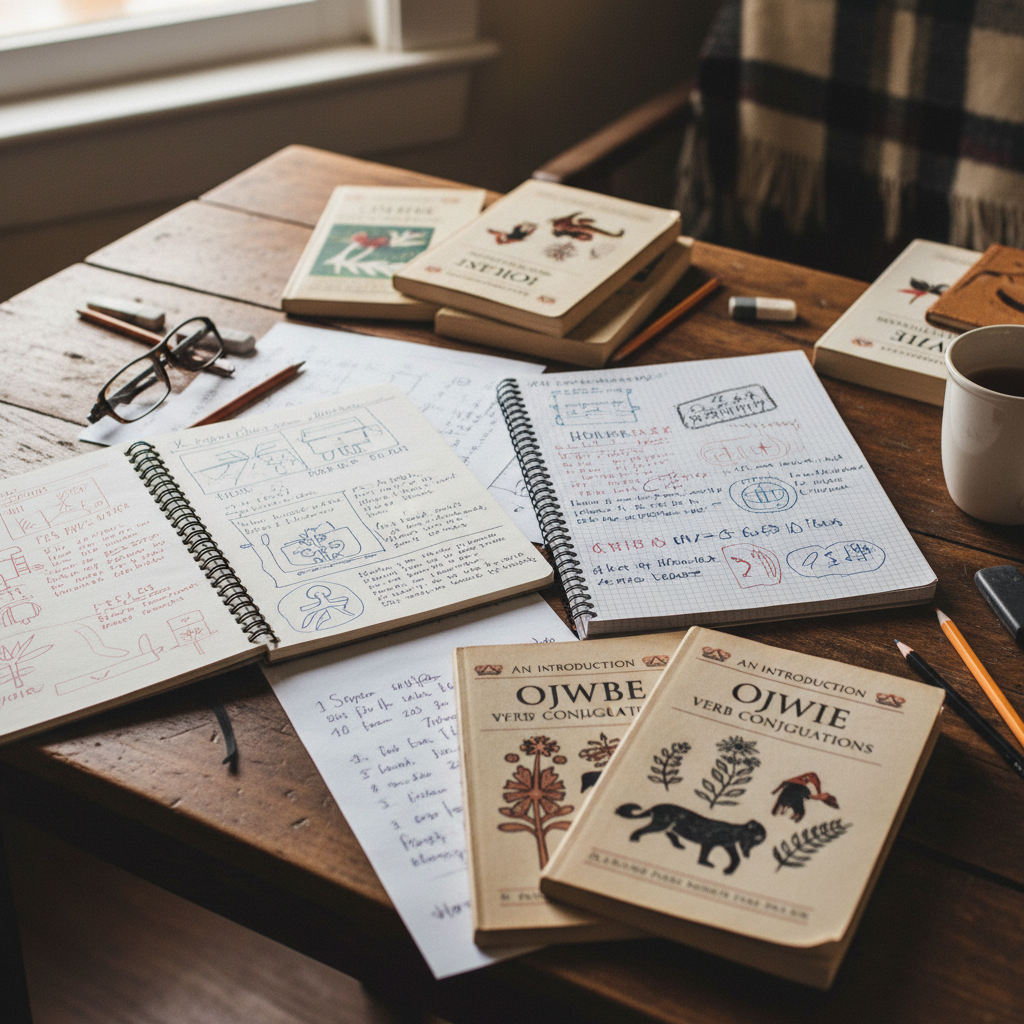 Handwritten language notes and indigenous language primers spread open on a wooden table