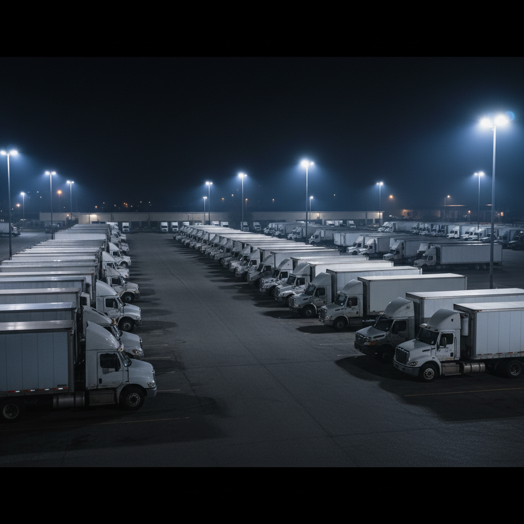 Row of electric commercial vehicles parked at depot, industrial setting, dark atmospheric lighting