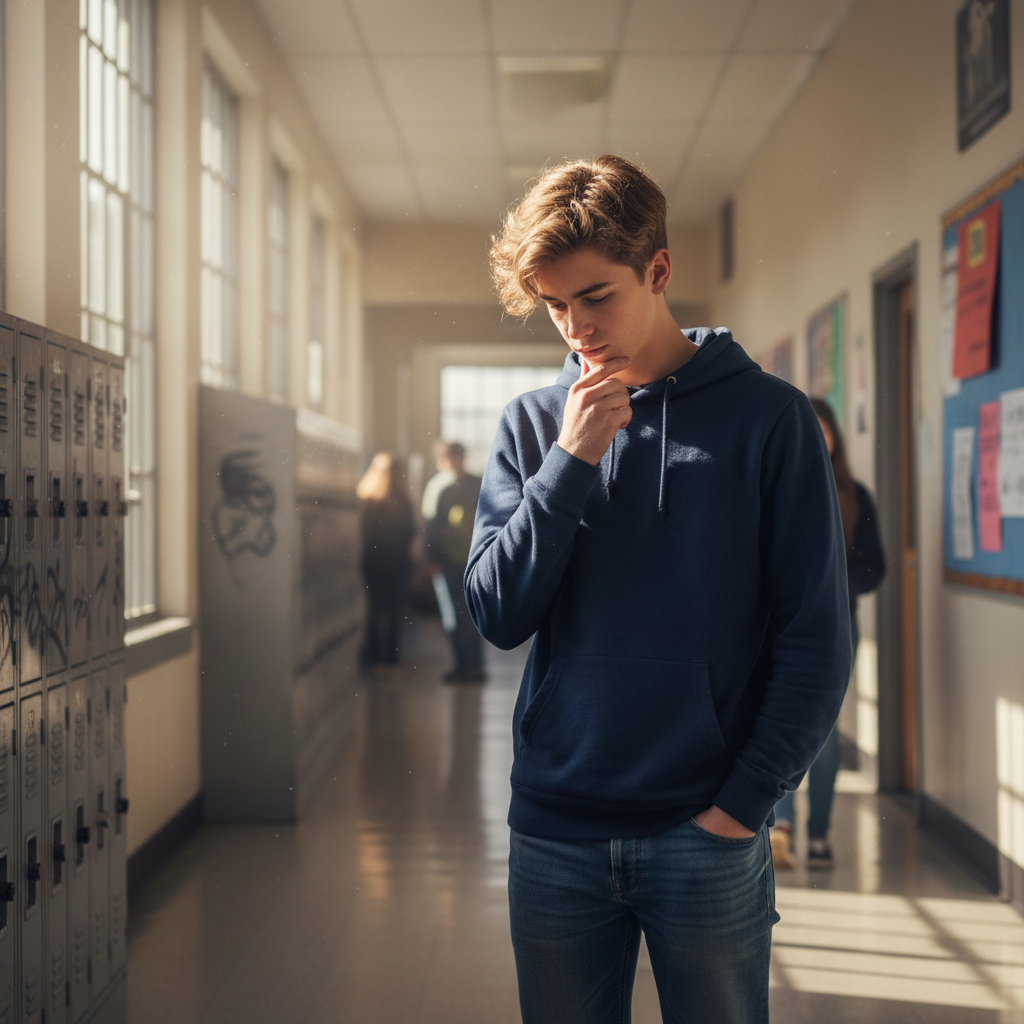 Teenage boy with thoughtful expression in school hallway