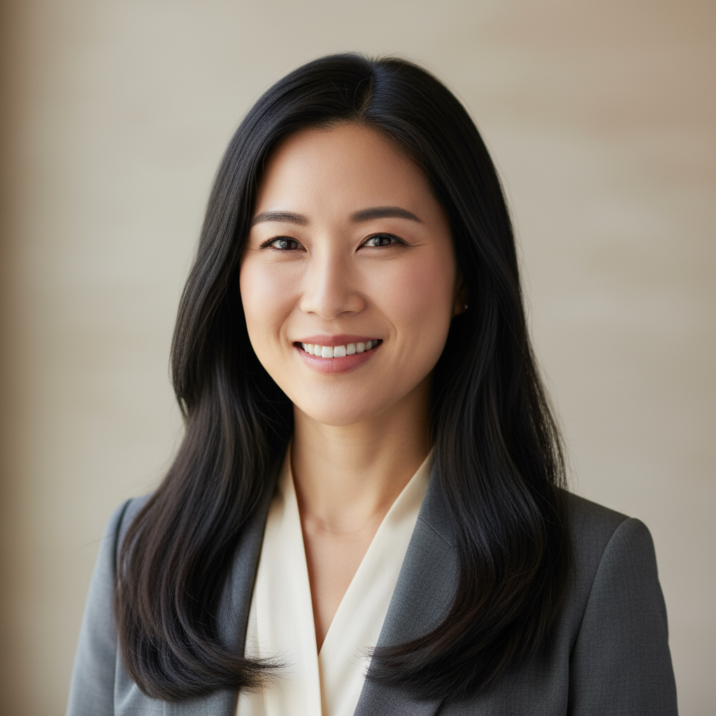 Professional Asian woman with long black hair in white blazer smiling confidently