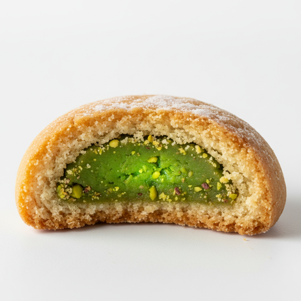 Pistachio maamoul cookies with green filling on dark surface