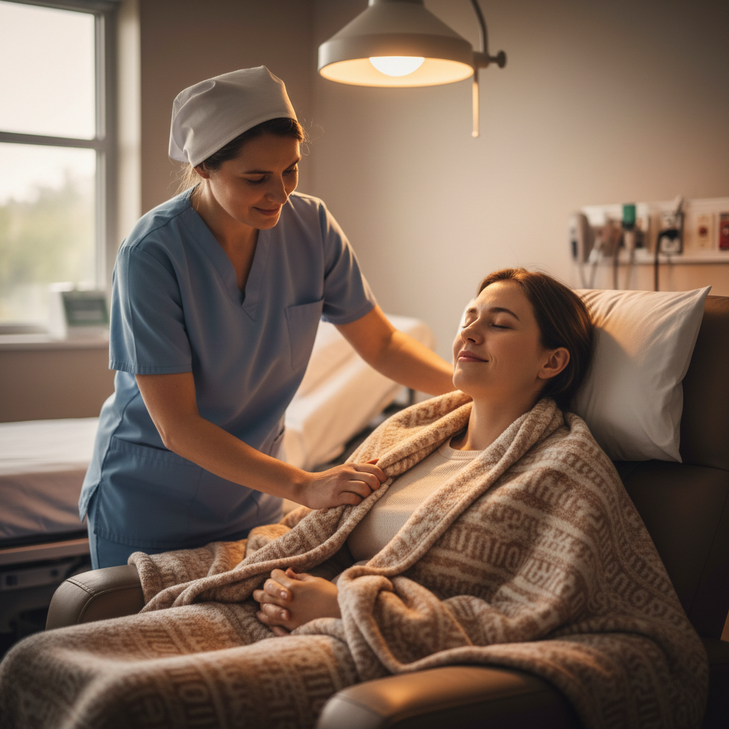 Nurse in a calm, warmly lit pre-op bay placing a warm blanket over a patient who looks relaxed