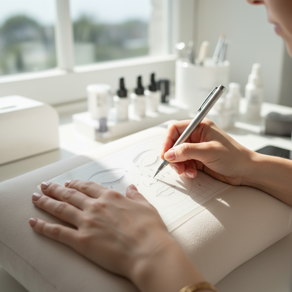 Lash artist hands sketching a detailed lash map on a translucent face chart during consultation