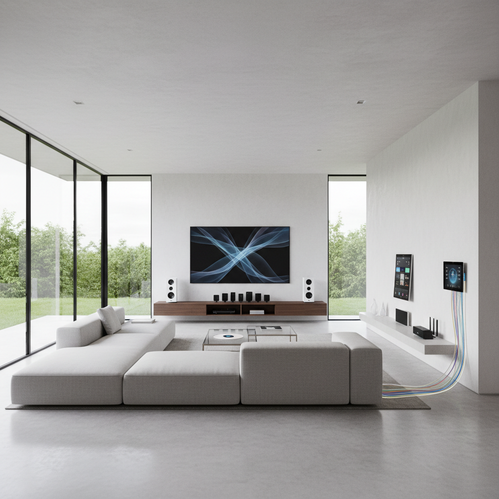 Smart home energy saving devices including LED lights and smart switches in a modern living room