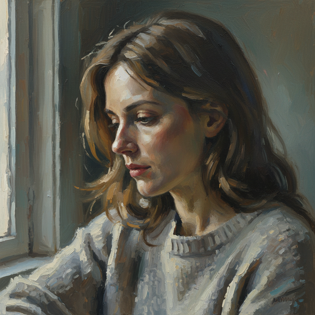 Portrait of Silence — contemplative figurative portrait in muted tones with expressive brushwork