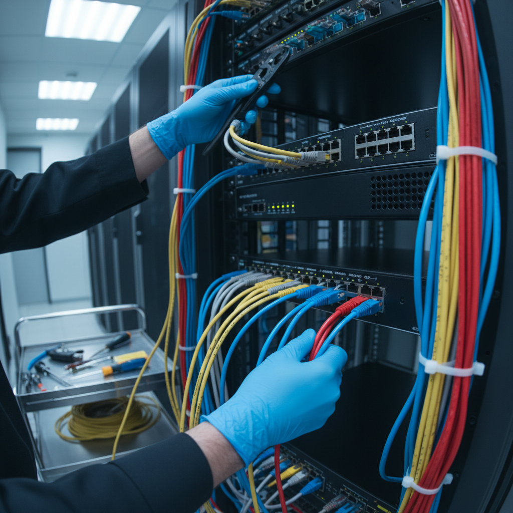 Technician installing network cables and equipment in a server rack