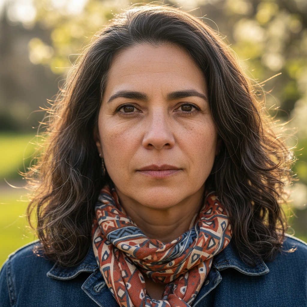 Close-crop portrait of Rosario Fuentes, woman in 40s with determined expression, outdoor light