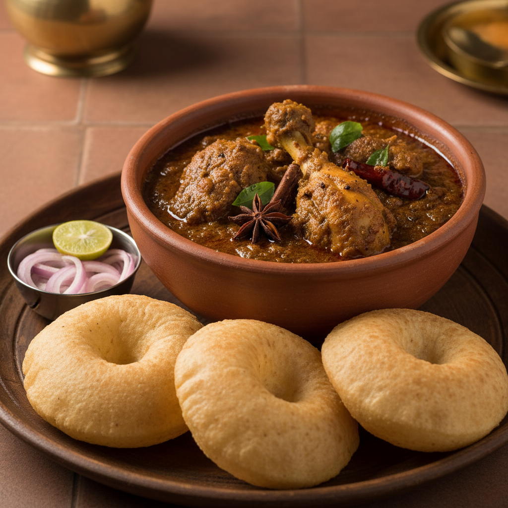 Kombdi vade — Malvani chicken curry with dark spiced gravy, pieces of bone-in chicken, served with vade