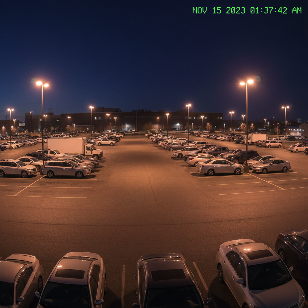 Surveillance photograph showing parked vehicles at night with timestamp overlay