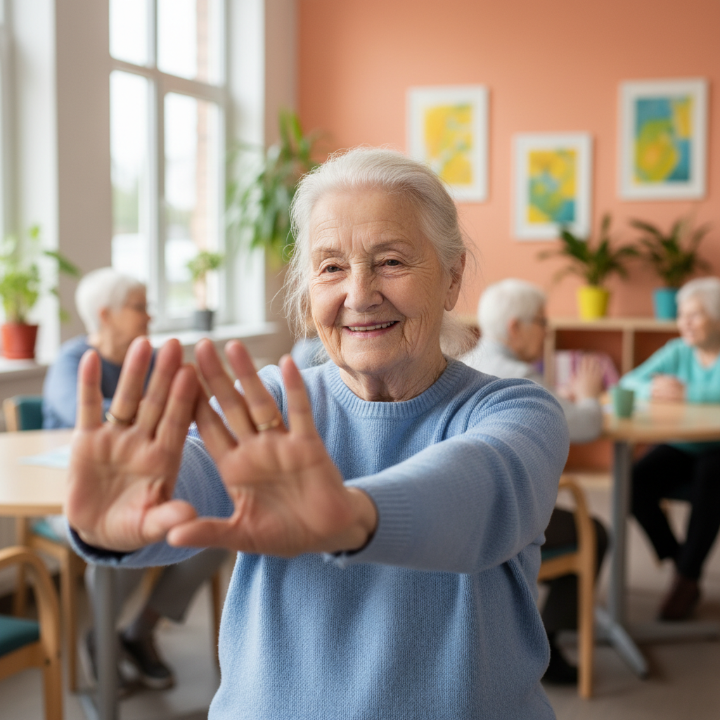 Elderly woman with warm smile doing gentle hand stretches in a bright community room
