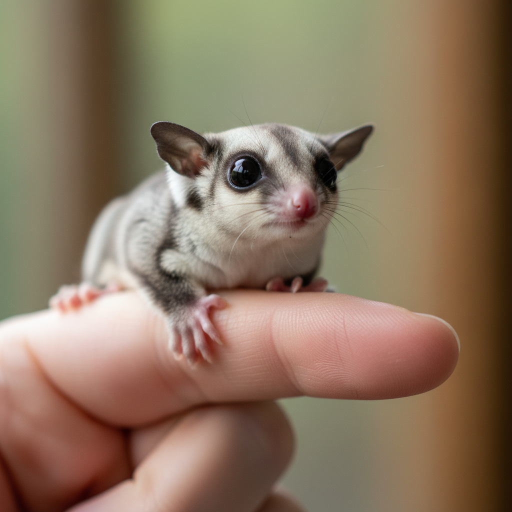 Small sugar glider with large eyes perched on a human finger, looking curious and trusting