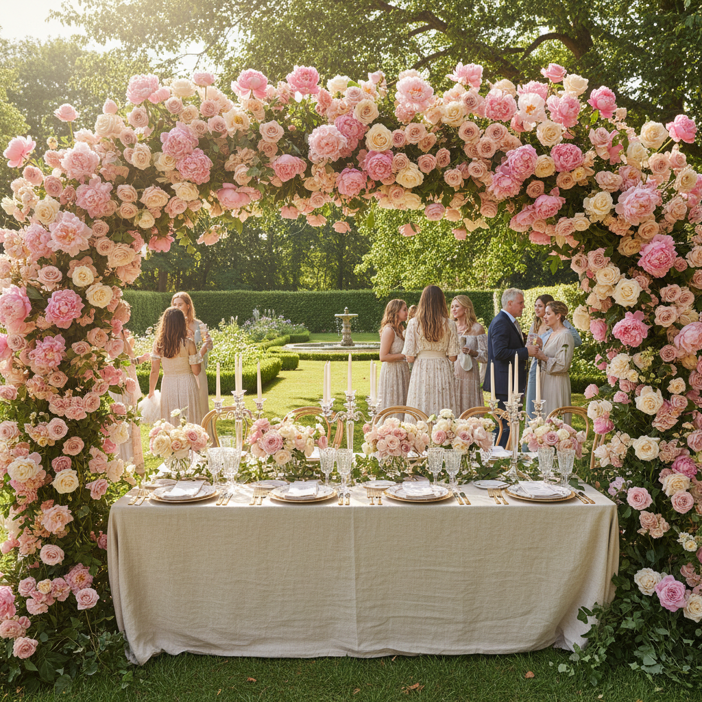 Garden party tablescape with a floral arch of peonies and roses over a long table set for twenty guests