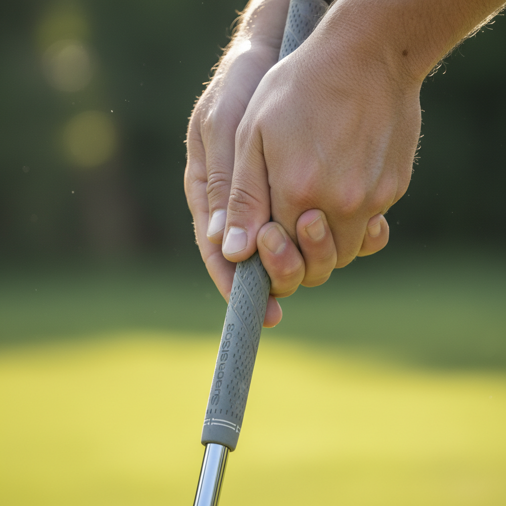 Close up of golfer hands on club during putting practice