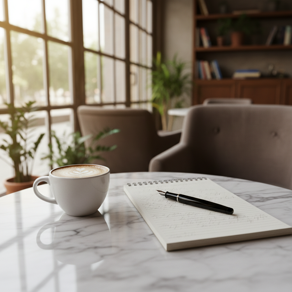 Cozy café corner with a coffee cup, notebook, and pen on a marble table