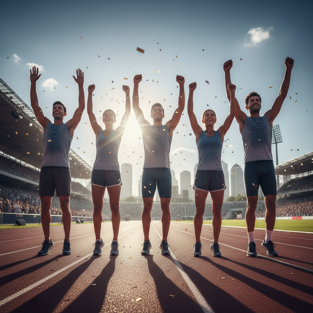 Group of runners celebrating after a relay race, arms raised