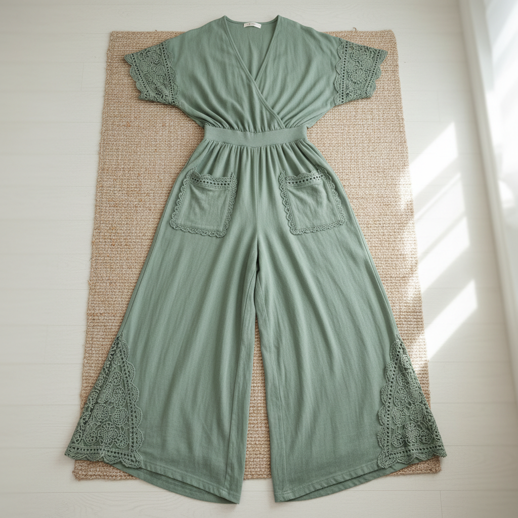 Boho lace-trimmed wide-leg jumpsuit in sage green with patch pockets on model