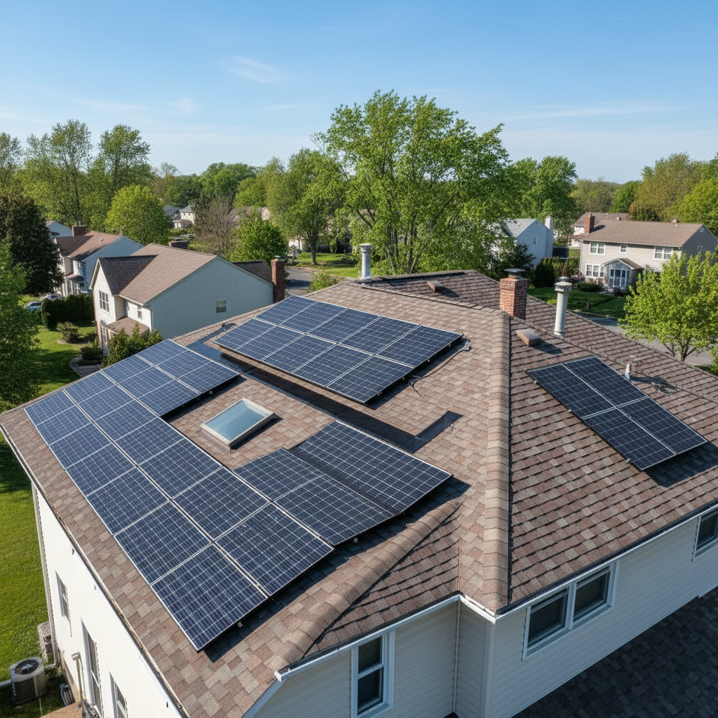 Solar panels on suburban rooftop with clear blue sky and green lawn