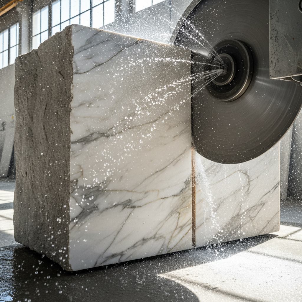 Diamond saw cutting through raw Calacatta marble block, water spraying across the blade as the stone splits to reveal its interior vein structure