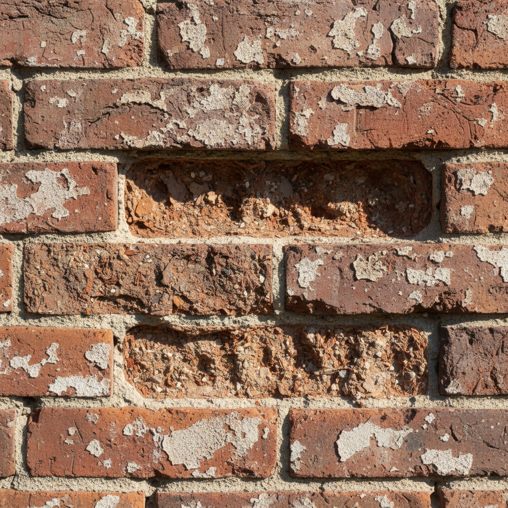 Close-up of brick wall showing spalling where the face has popped off revealing rough interior texture