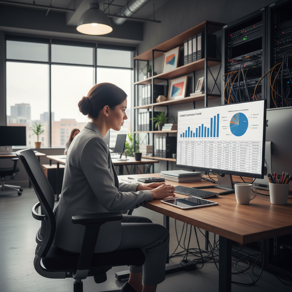 Marketing director analyzing chatbot conversion metrics and customer interactions