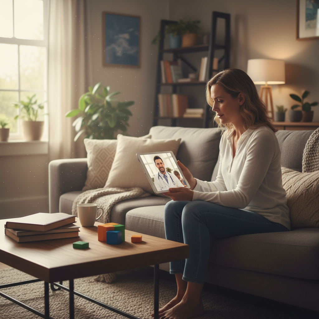 Parent at home having video call with physician on tablet