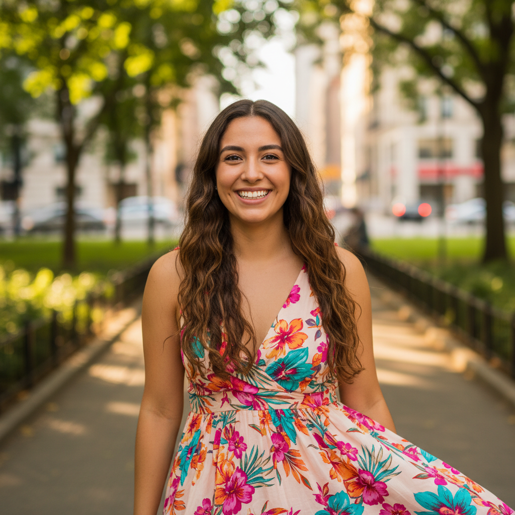 Young Latina woman with dark curly hair smiling outdoors bright sunlight