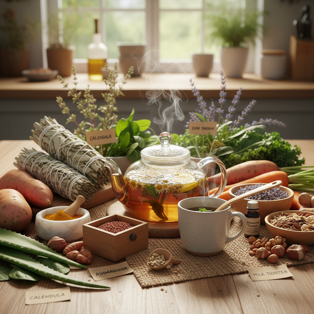 Overhead wooden table with linen tote half-open, citrus fruits in a ceramic bowl, fresh herbs beside a cutting board, and a cast-iron teapot