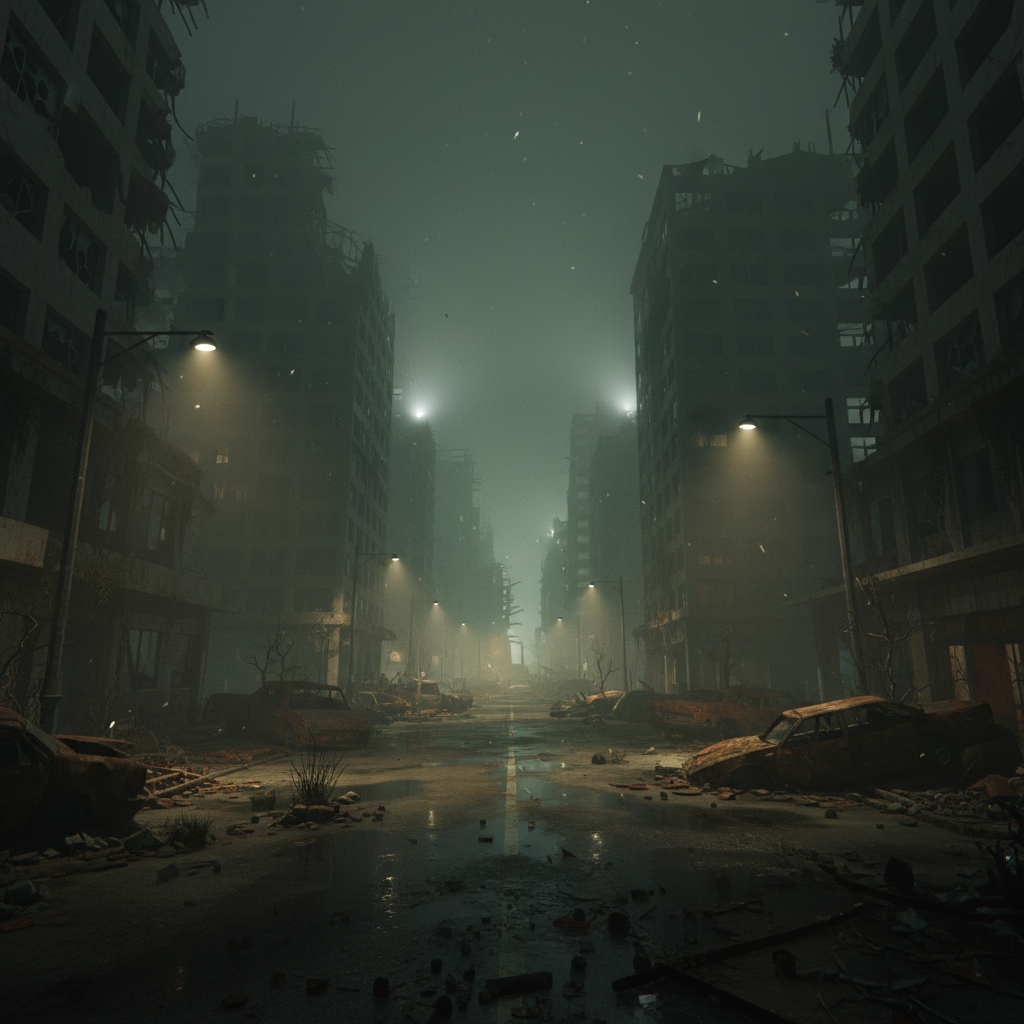Dark atmospheric horror game environment with dramatic lighting