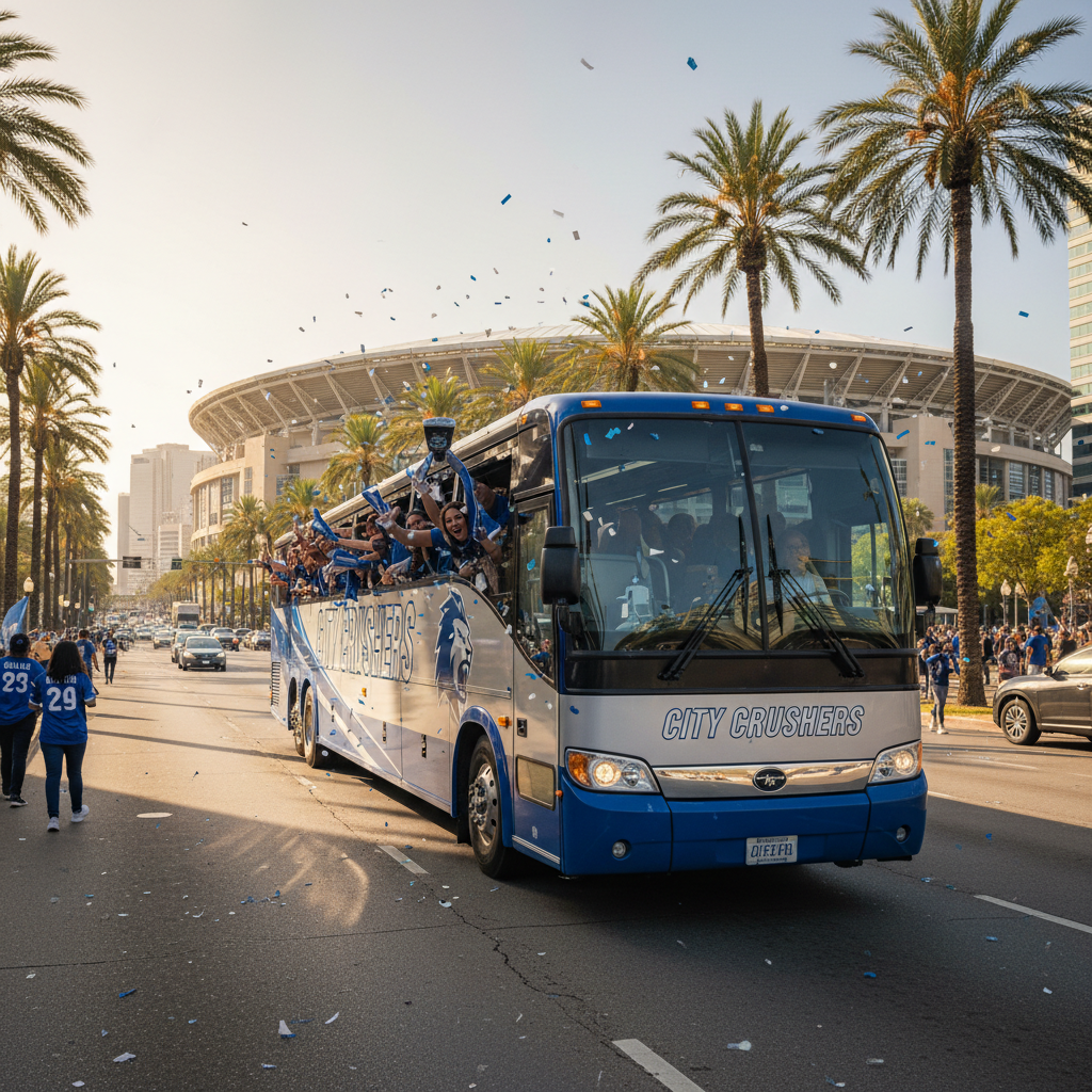 Charter bus transporting sports fans to stadium, group event transportation service