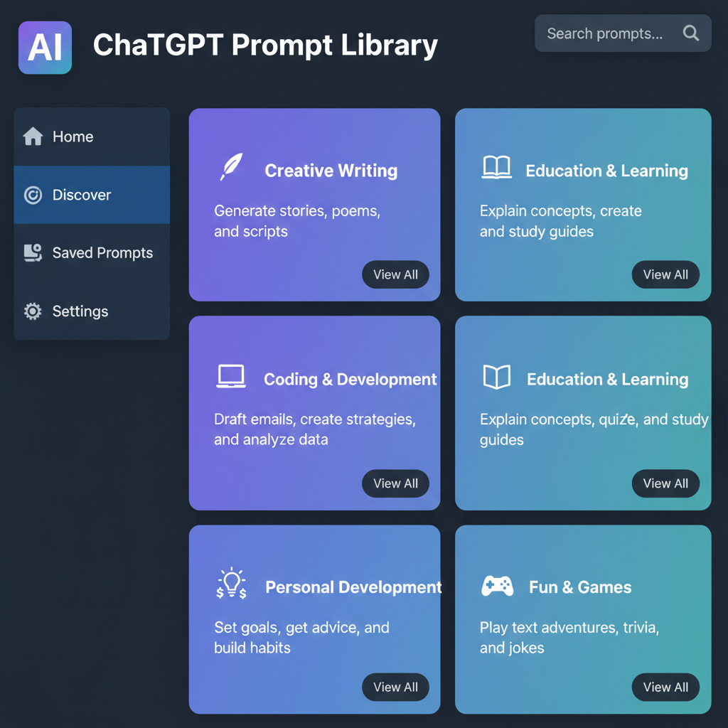 Prompt library interface showing categorized ChatGPT prompts with copy buttons