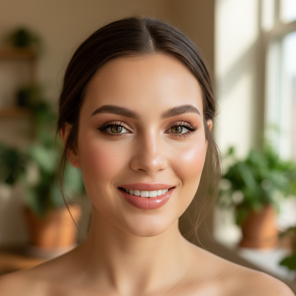 Smiling woman with natural hair in a bright room