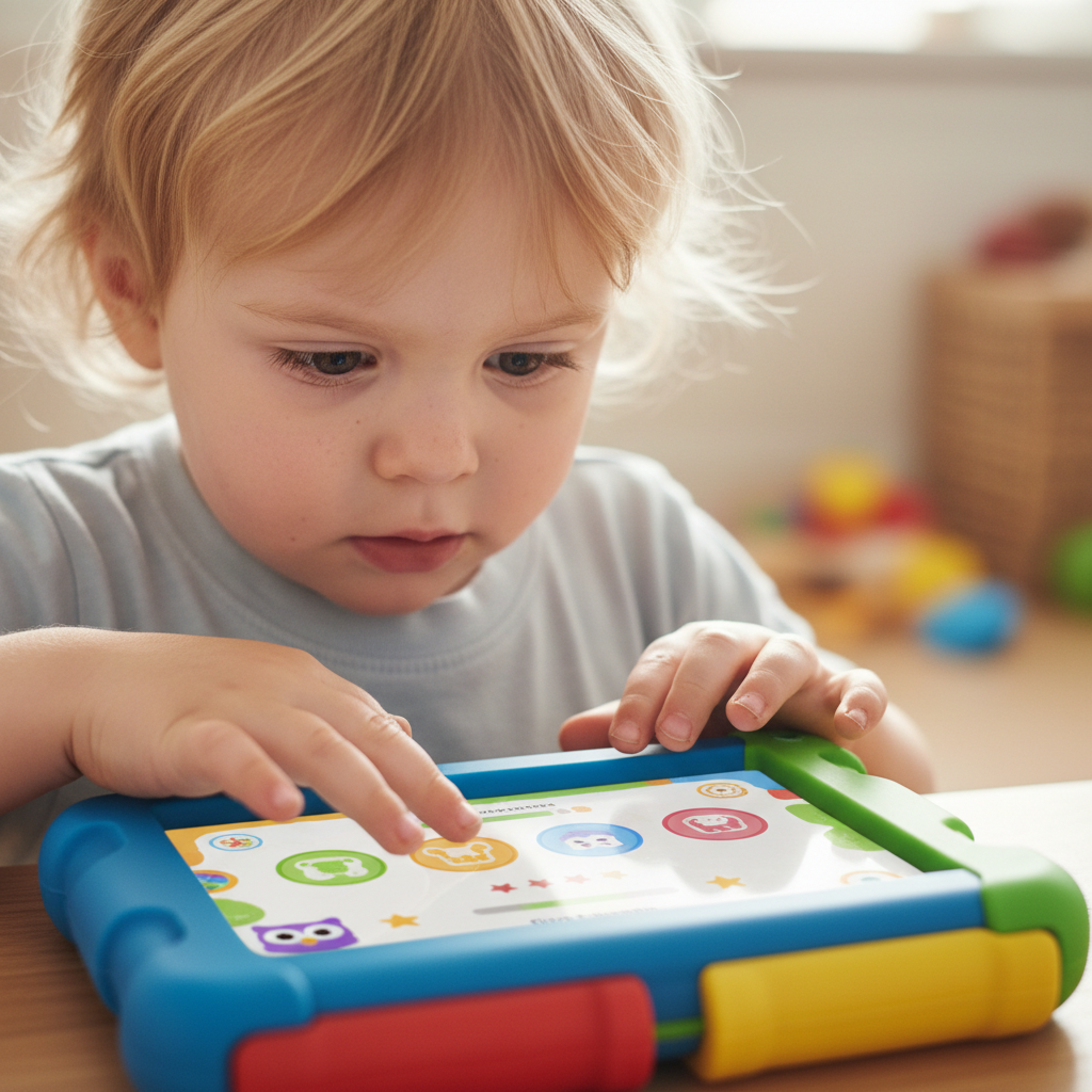 Digital tablet displaying colorful children educational ebook with illustrated sight words