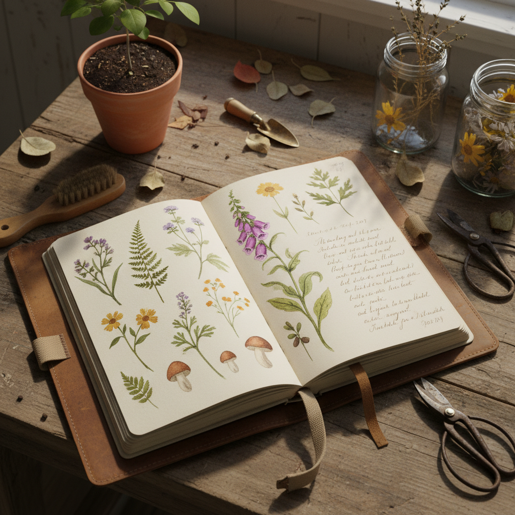 Open garden journal with handwritten notes, sketches, and pressed leaves on a kitchen table