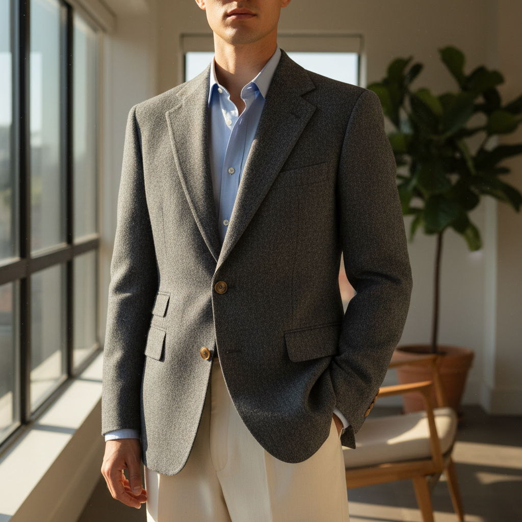 Blazer worn casually outdoors, bright natural daylight, street fashion editorial