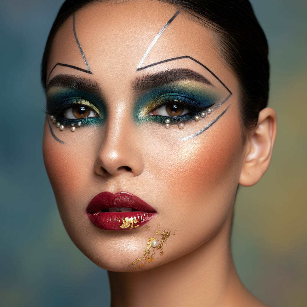 Close-up of artistic editorial eye makeup with bold blue and gold pigments