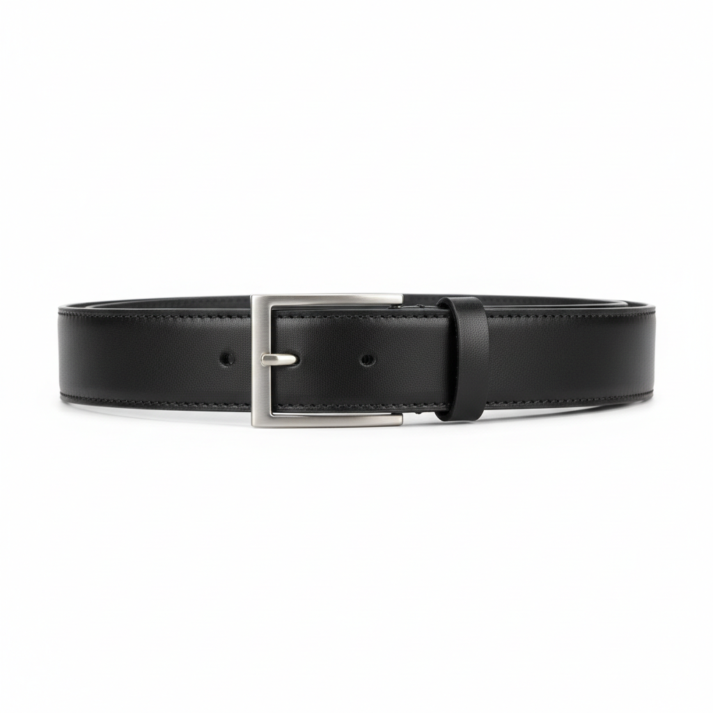 Black leather belt with gold star buckle on dark minimal background