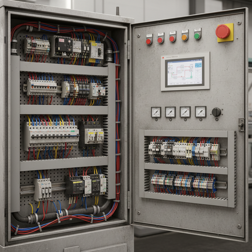 Large power control center panel with multiple circuit breakers and bus bars in an industrial setting