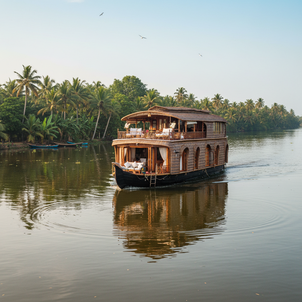 Kerala backwaters with traditional houseboat surrounded by coconut palms and green paddy fields