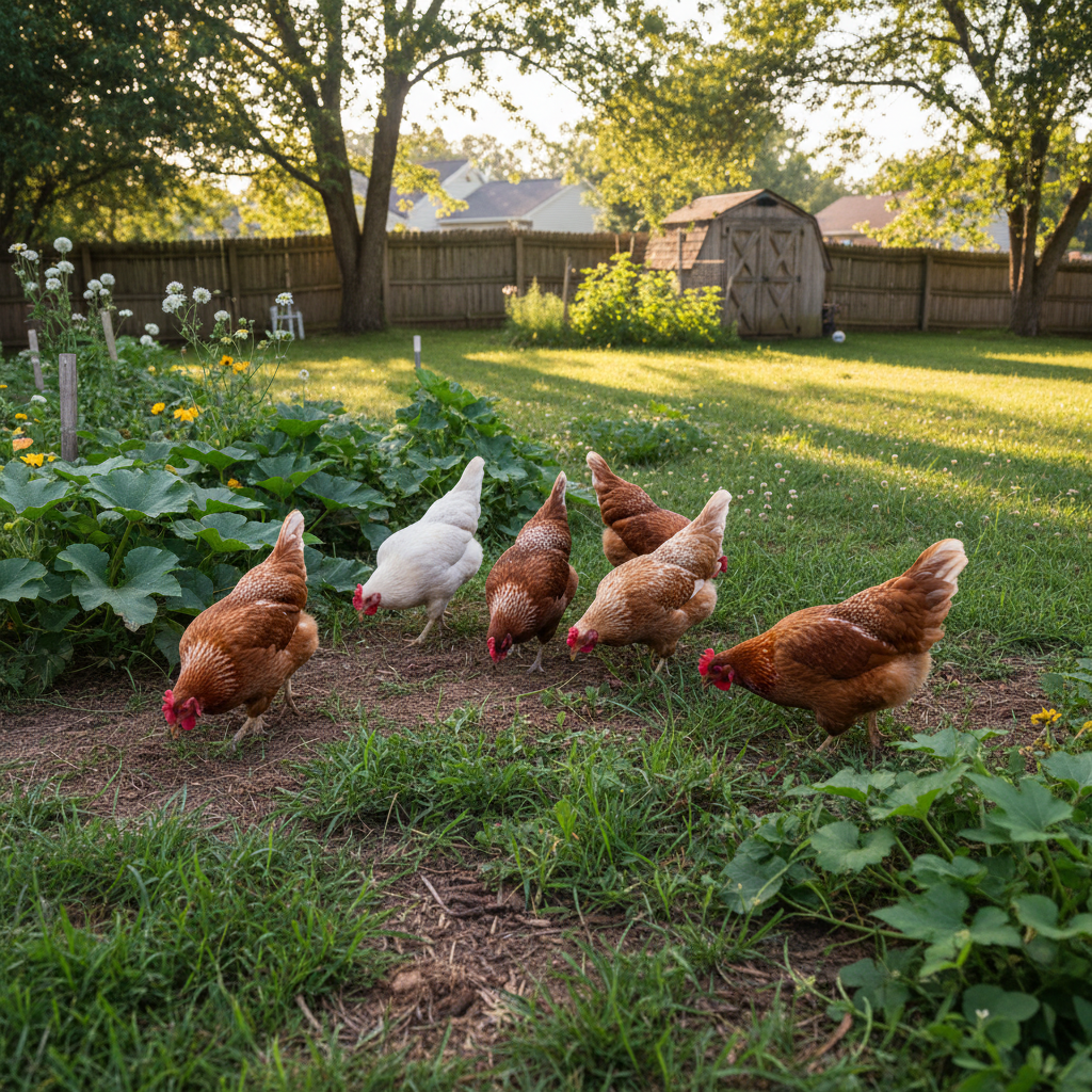 Free-range chickens foraging in a suburban backyard garden with morning light
