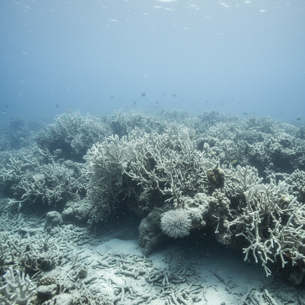 A group of white bleached corals on a coral reef, stark contrast against blue water