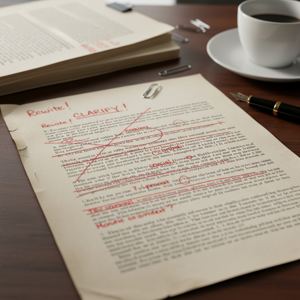 Marked-up draft manuscript with red ink annotations and corrections