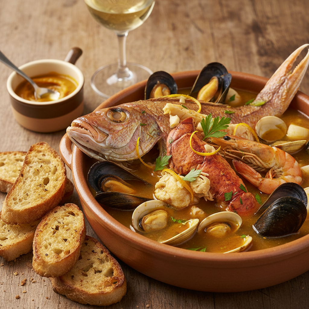 Bouillabaisse with rouille and croutons, saffron golden broth, bright seafood restaurant setting