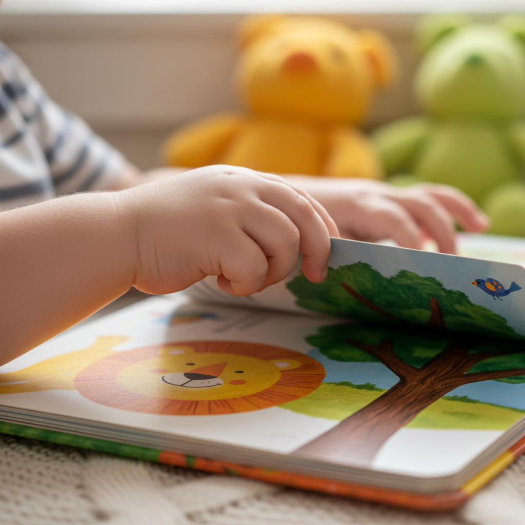 Child's hands gently turning the page of a colorful picture book