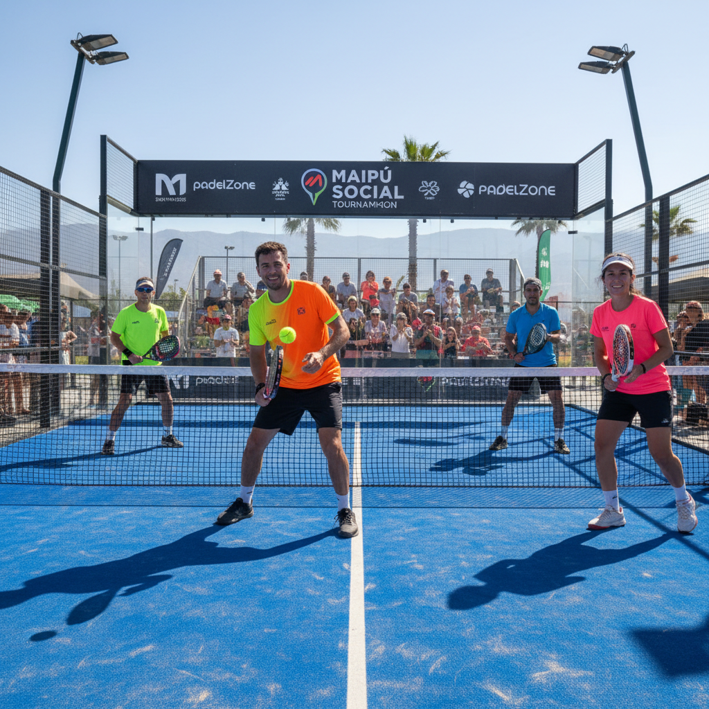 Outdoor padel tennis court in bright sunlight, green surface, players in action, athletic facility