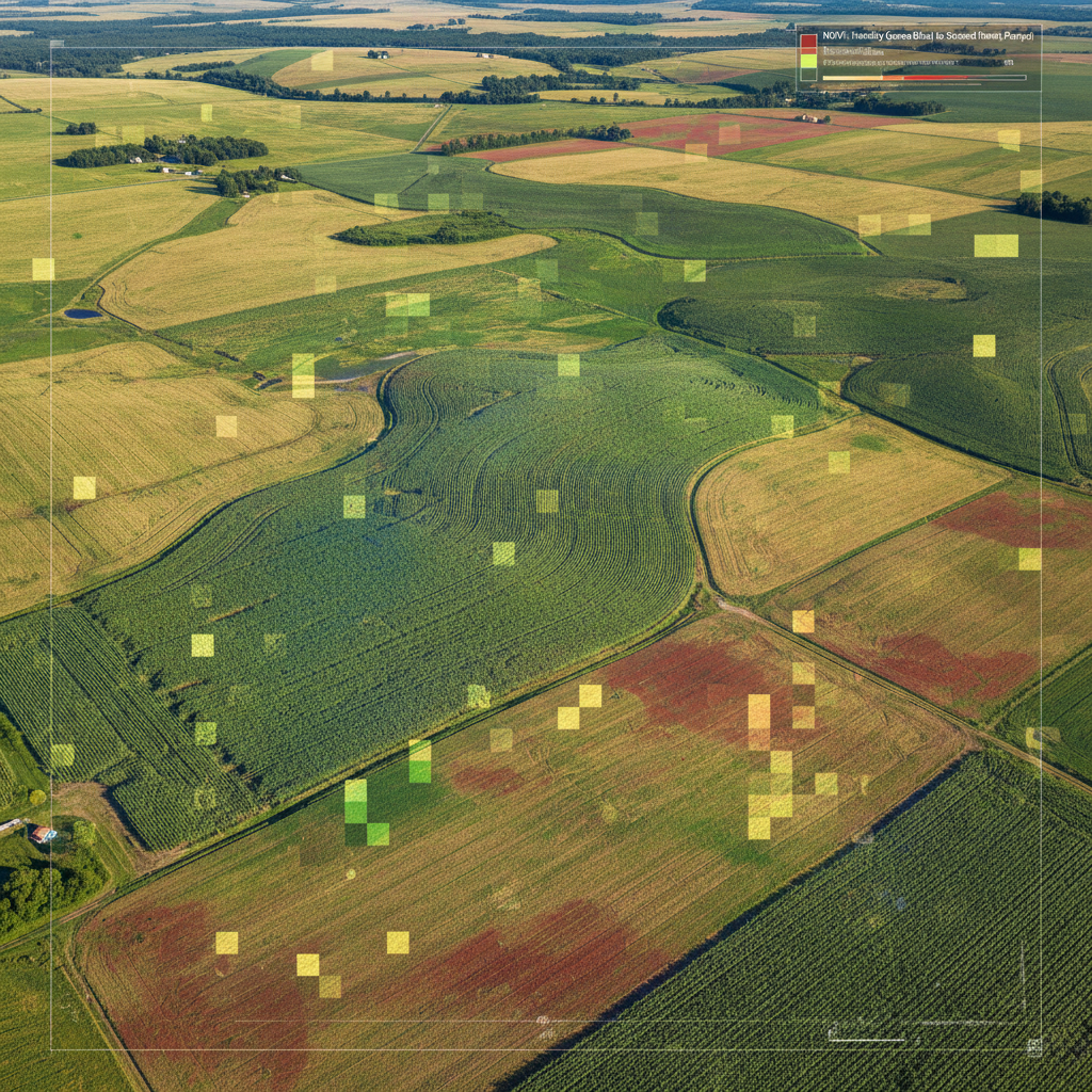 Aerial view of agricultural fields showing crop patterns with satellite NDVI overlay visualization