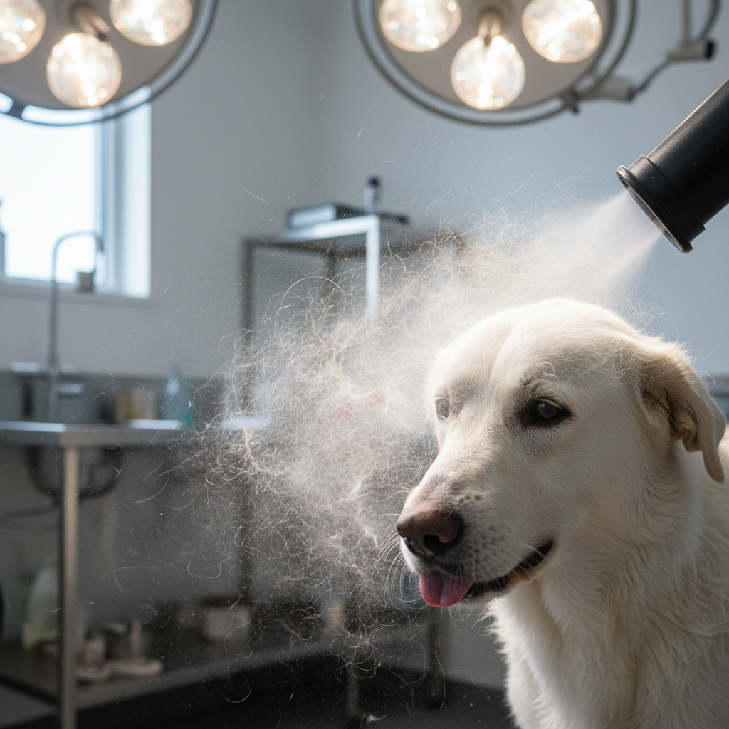 Lab being blow-dried with high velocity dryer, undercoat visibly releasing
