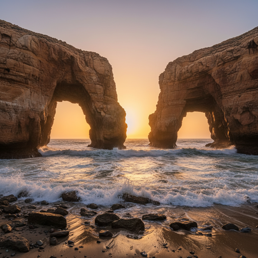 Arches naturelles de Legzira sur la côte atlantique marocaine avec falaises ocre et vagues de l'océan