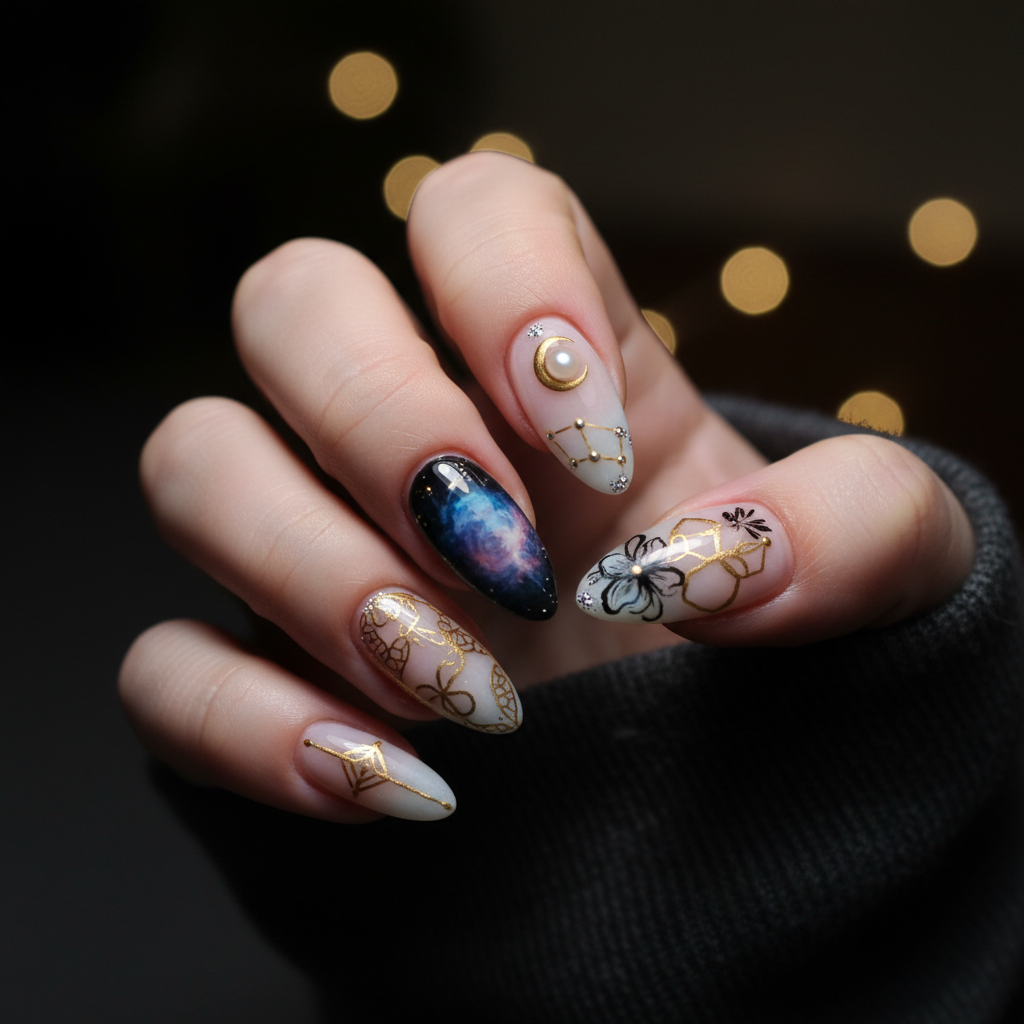 Chrome mirror nails with rose gold gradient, cinematic dim studio light, dark steel surface background