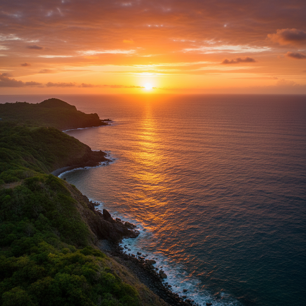 Golden sunset over the ocean at Scotts Head peninsula in Dominica